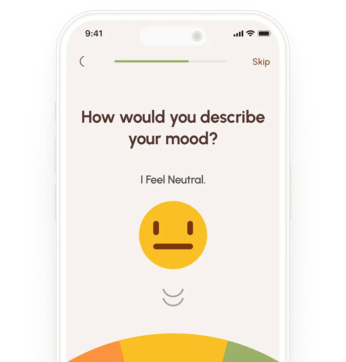 Sereneo on iPhone, asking “How would you describe your mood?” with a neutral mood selected