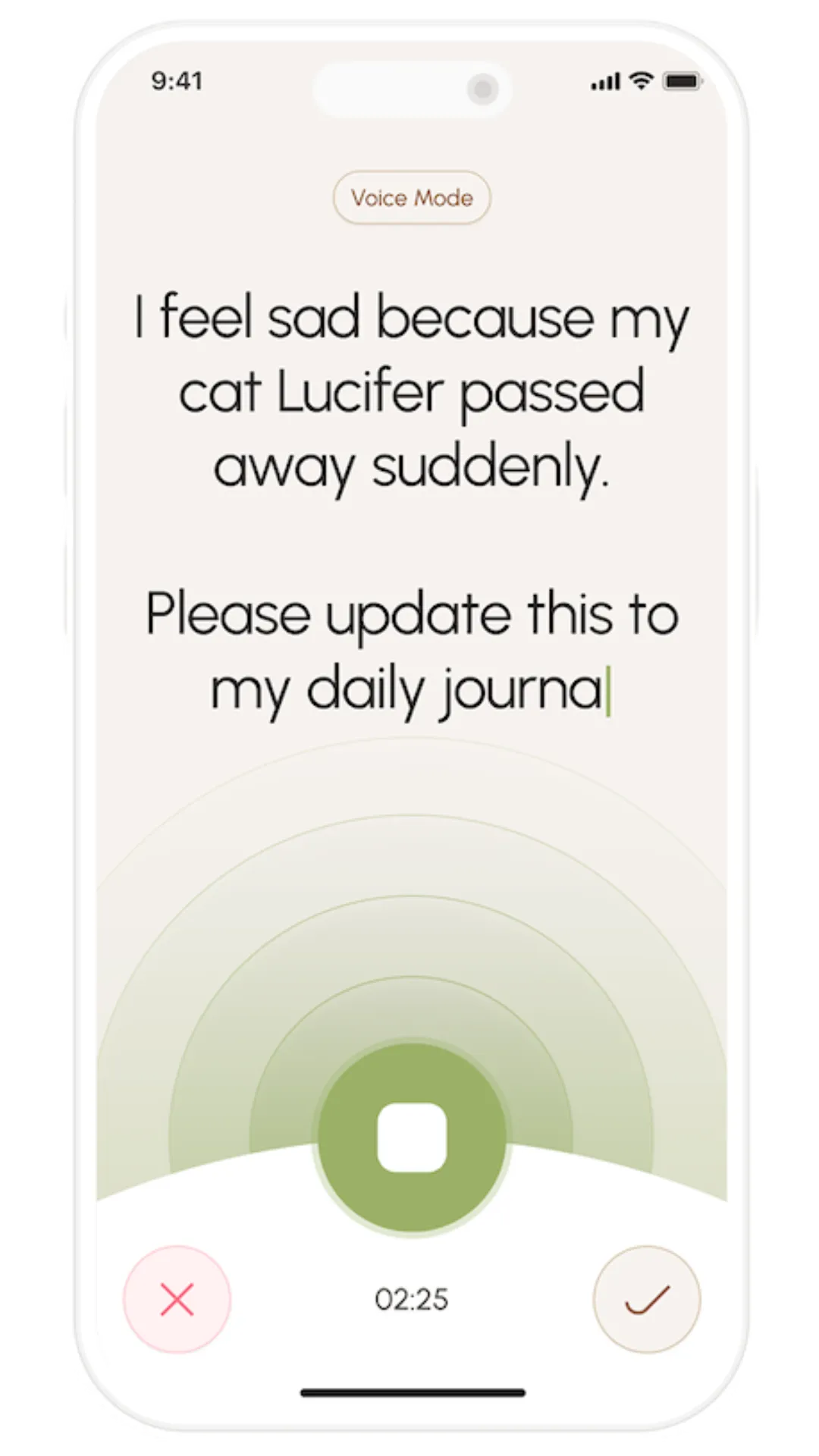 Sereneo's Voice Mode on iPhone, transcribing a spoken journal entry as it is recorded